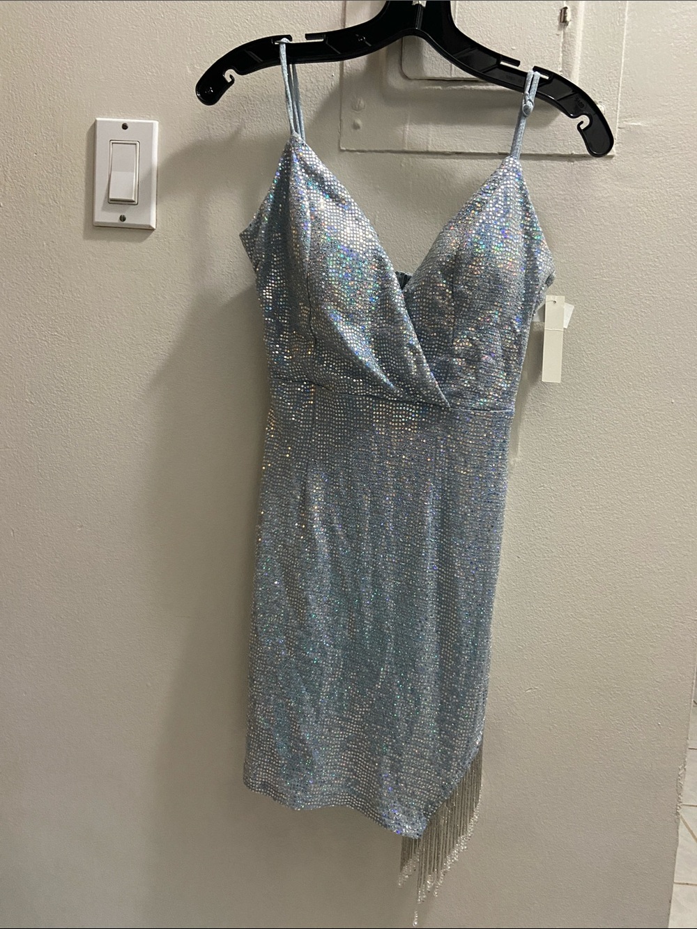 Speechless Iridescent Silver Sequin Fringe Mini Dress
